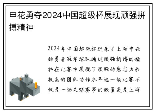 申花勇夺2024中国超级杯展现顽强拼搏精神