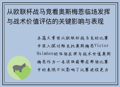 从欧联杯战马竞看奥斯梅恩临场发挥与战术价值评估的关键影响与表现